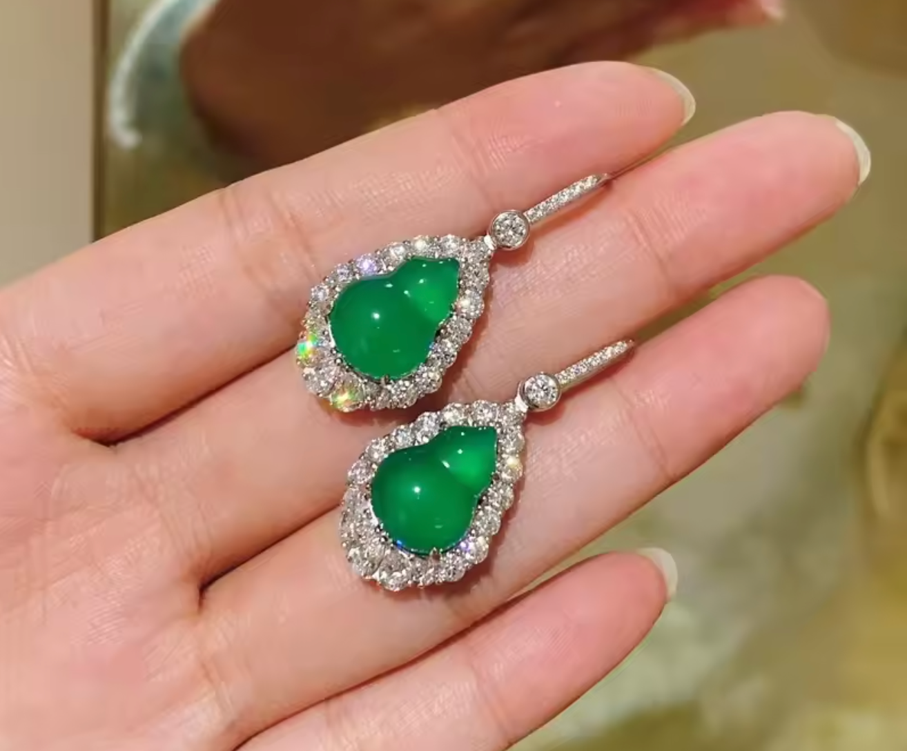 Green Gourd Opal Dangle Earrings for Women