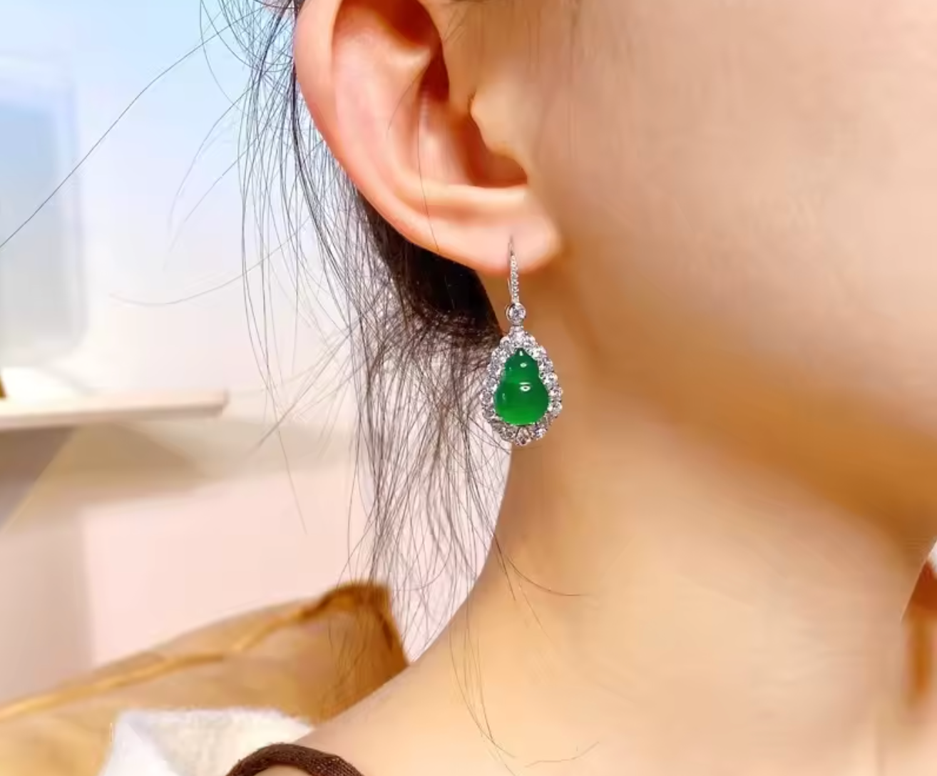 Green Gourd Opal Dangle Earrings for Women