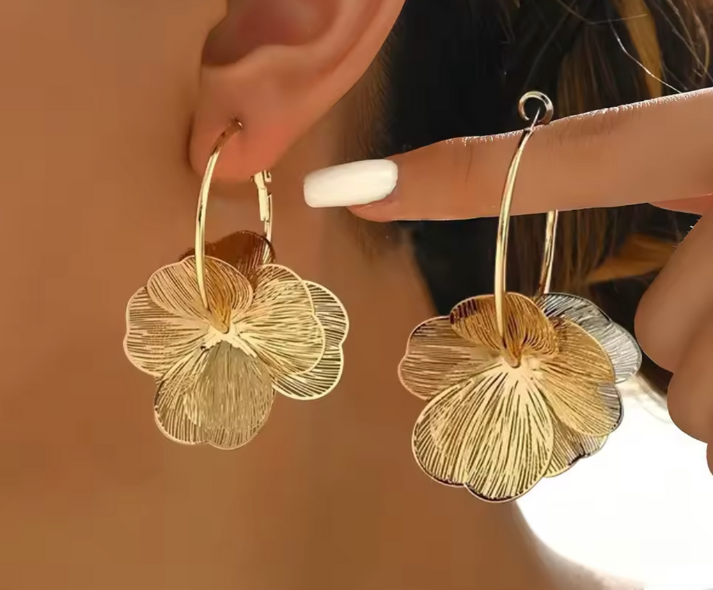 Stainless Steel Gold Double-Layer Hollow Flower Hoop Earrings for Women