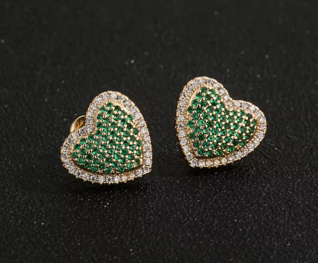 14K Gold Plated Green Heart Stud Earrings with Sparkling Zircon for Women