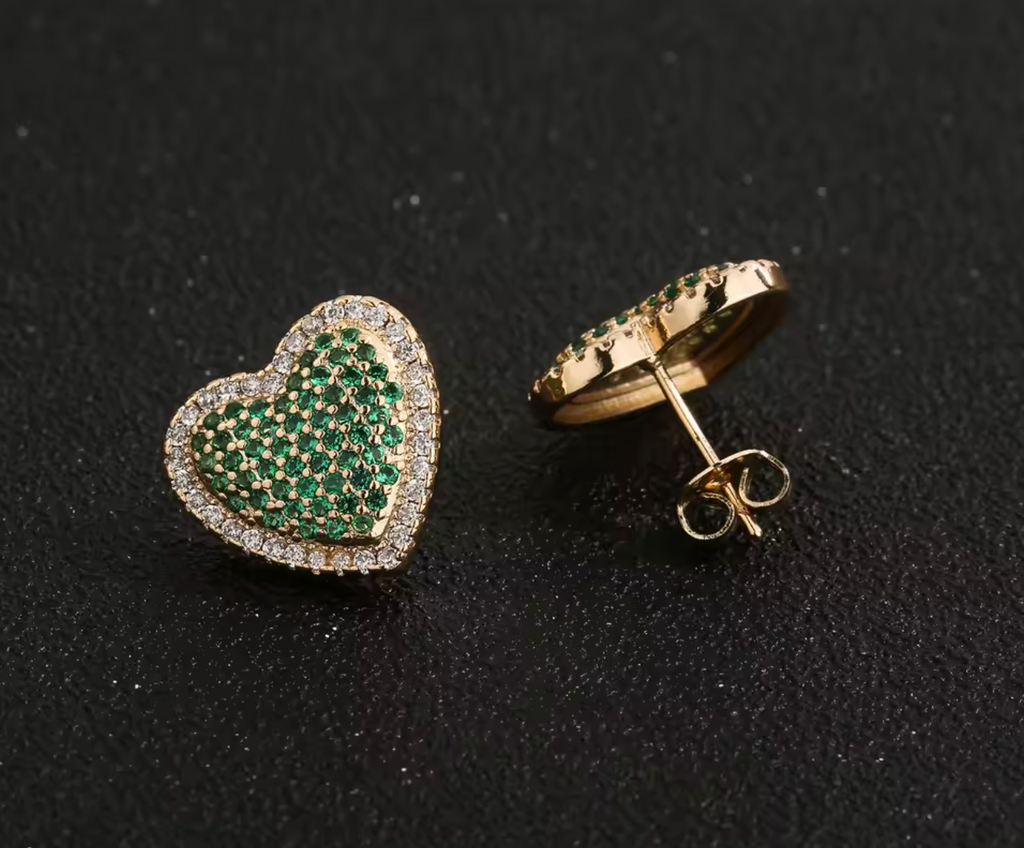 14K Gold Plated Green Heart Stud Earrings with Sparkling Zircon for Women