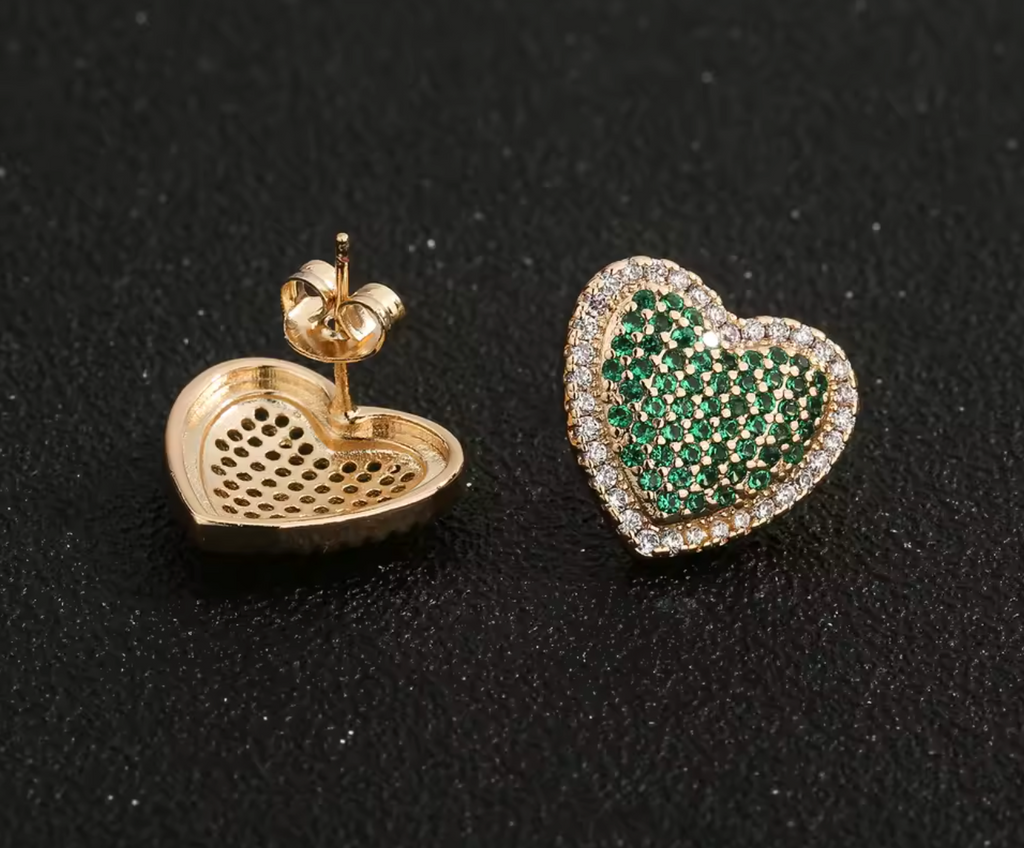 14K Gold Plated Green Heart Stud Earrings with Sparkling Zircon for Women