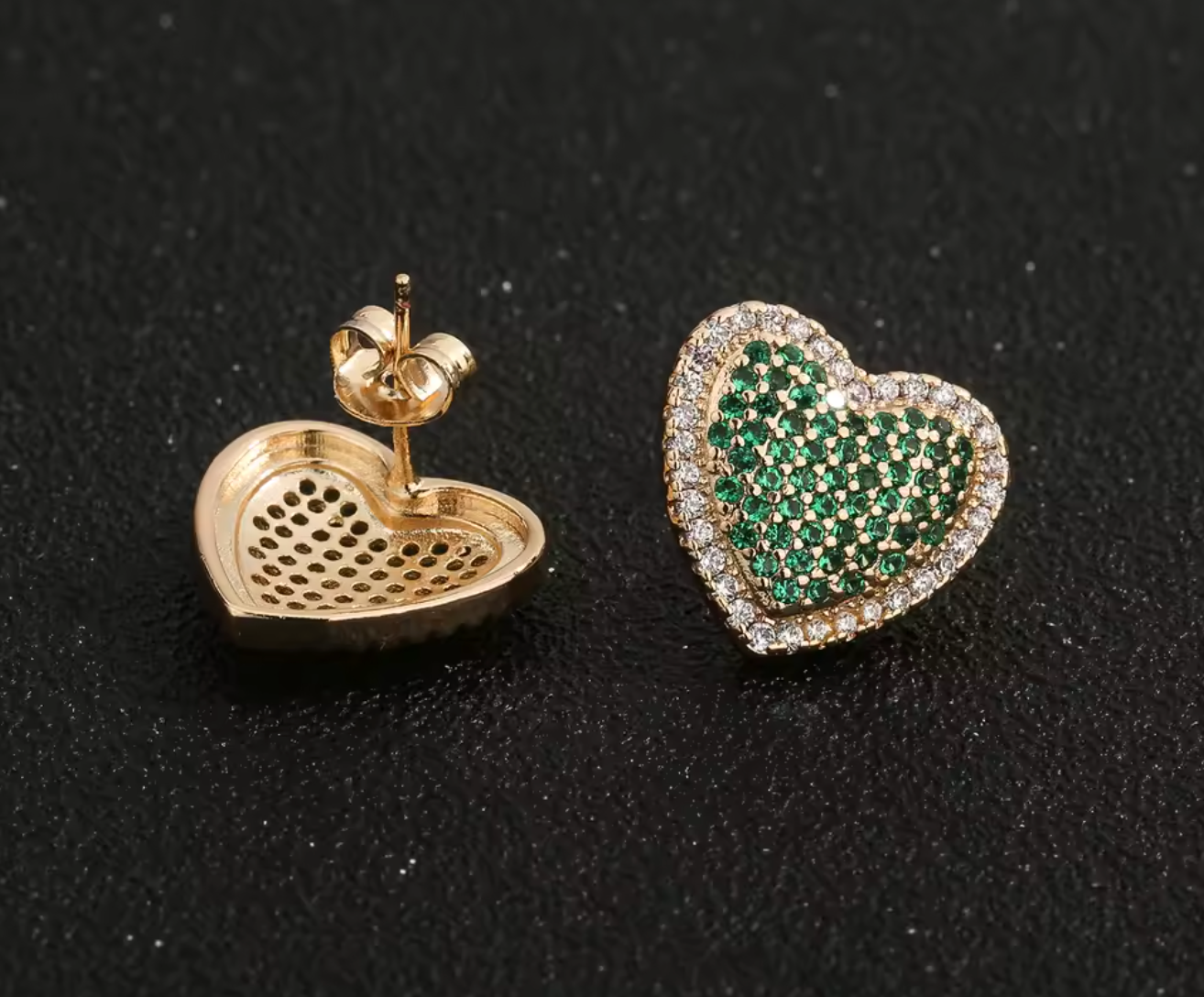 14K Gold Plated Green Heart Stud Earrings with Sparkling Zircon for Women
