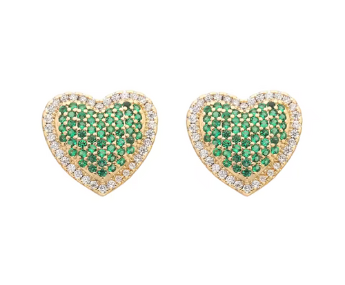 14K Gold Plated Green Heart Stud Earrings with Sparkling Zircon for Women