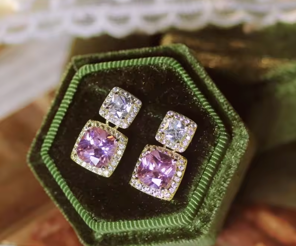 Gold Color Pink & White Cubic Zirconia Dangle Earrings for Women