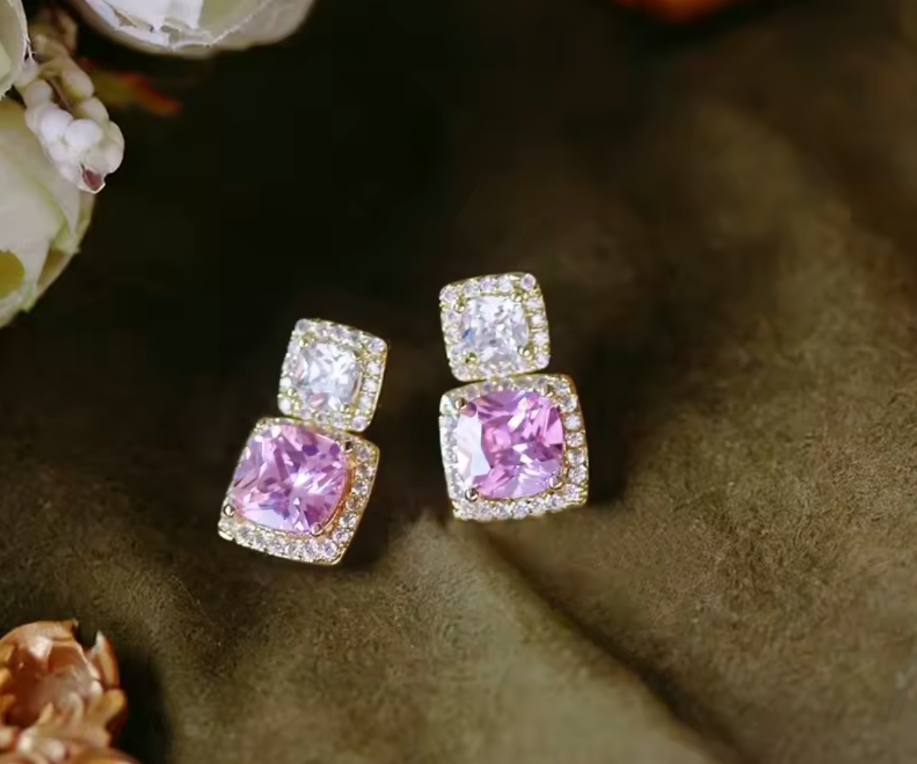 Gold Color Pink & White Cubic Zirconia Dangle Earrings for Women