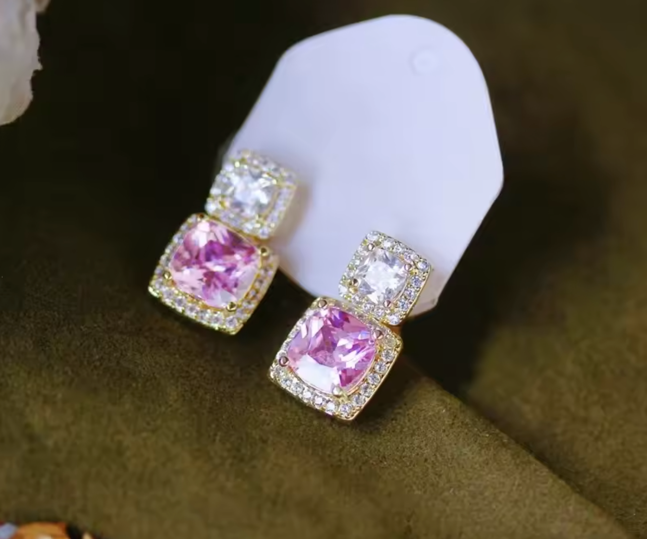 Gold Color Pink & White Cubic Zirconia Dangle Earrings for Women
