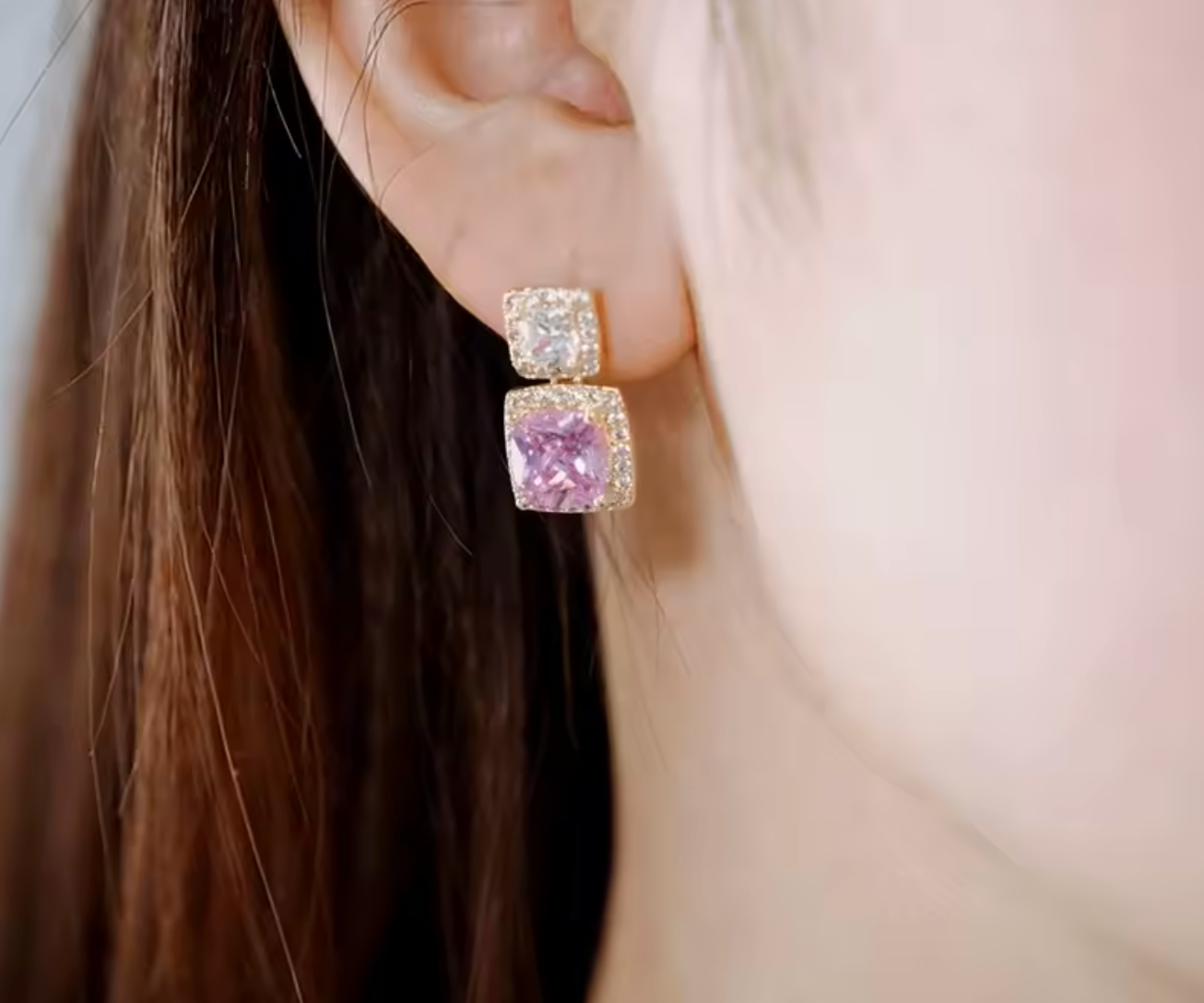 Gold Color Pink & White Cubic Zirconia Dangle Earrings for Women